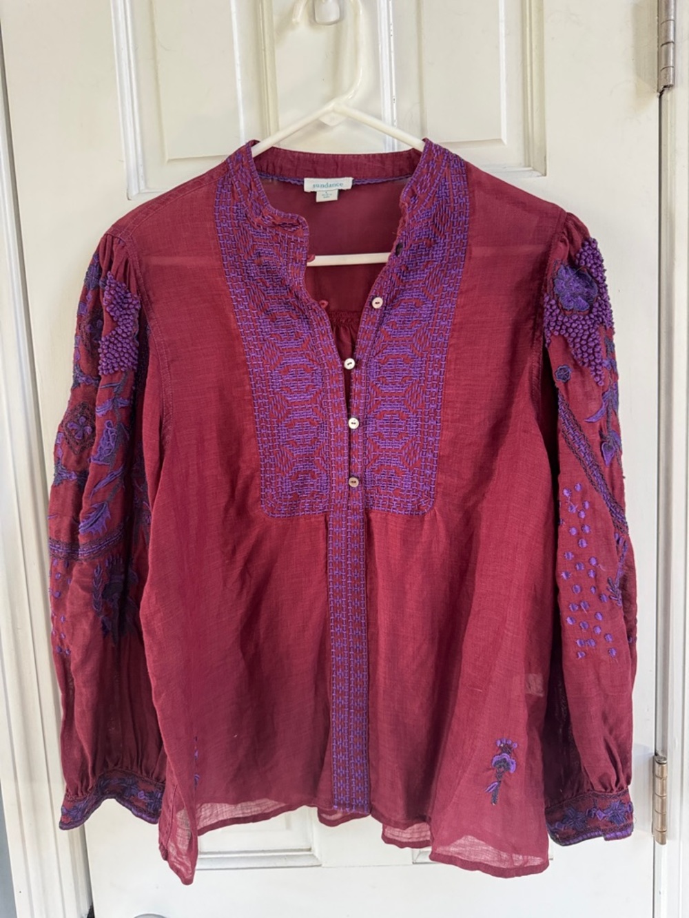 Sundance Burgundy and Purple Embroidered Peasant Blouse